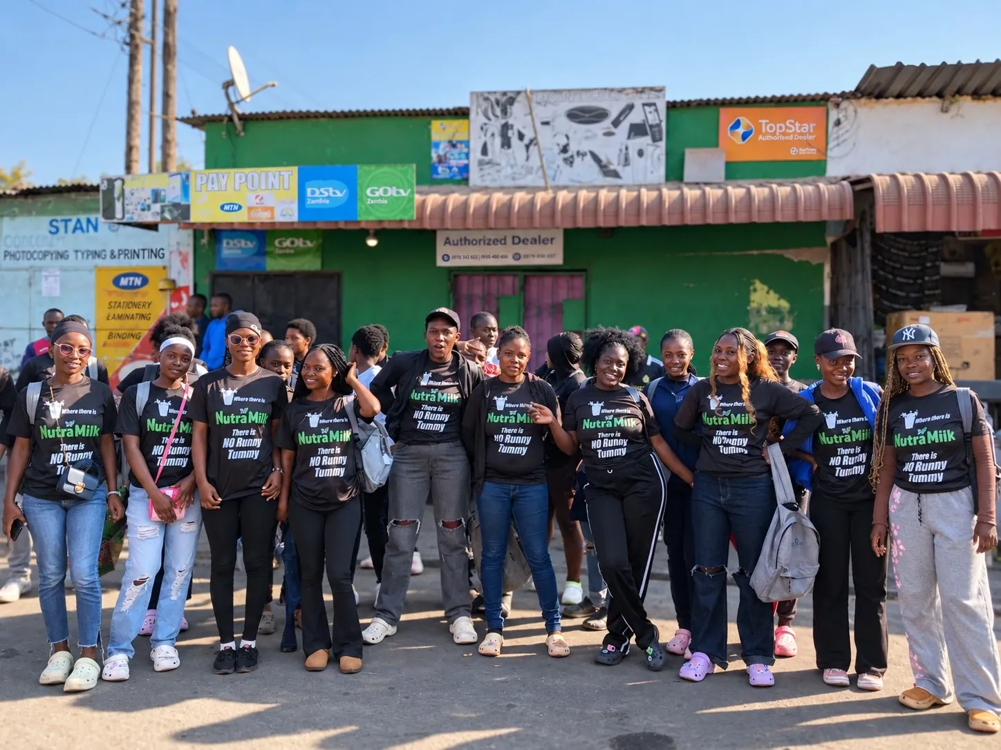 Brand ambassador team in campaign T-shirts outside a compound shop