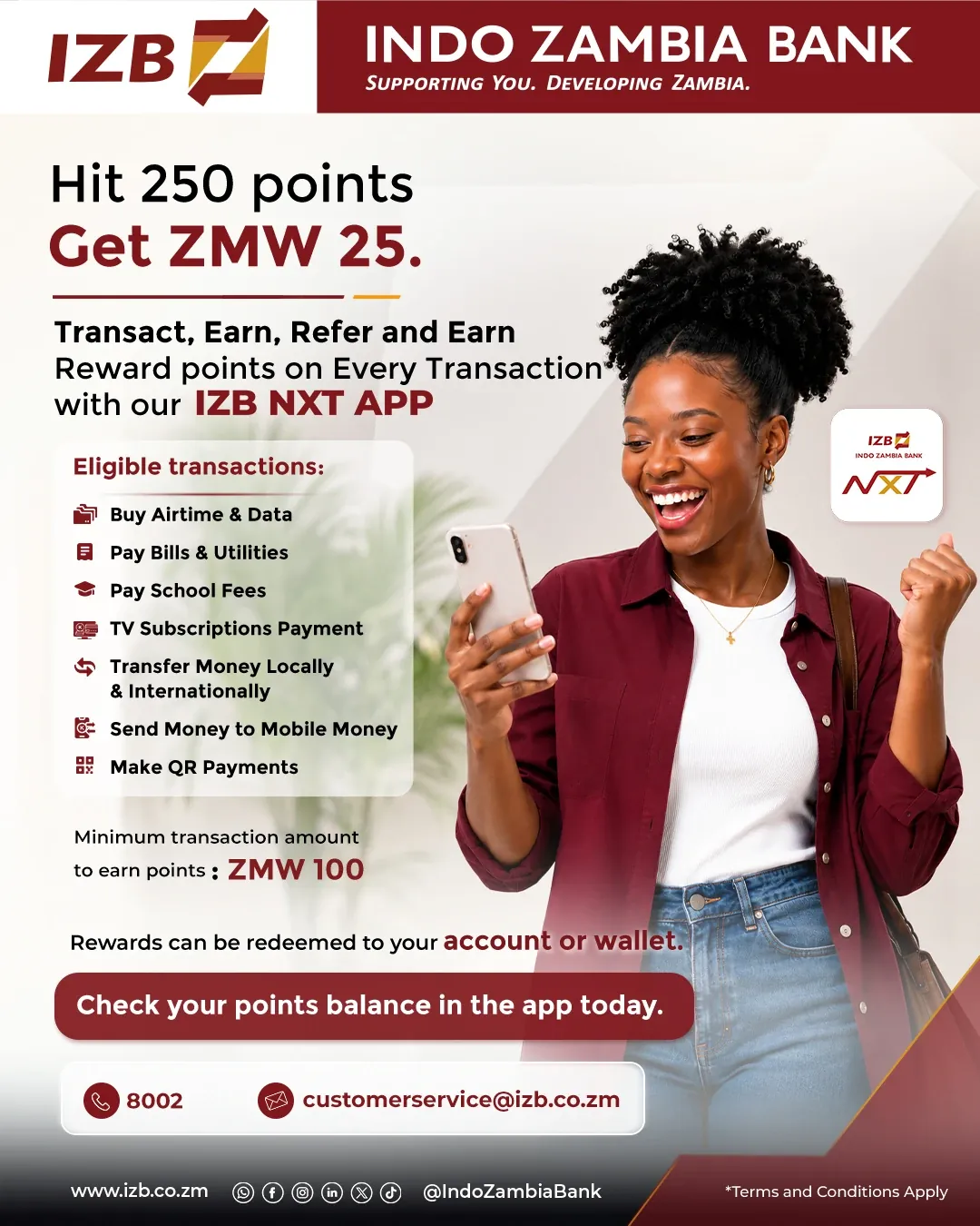 IZB social post: hit 250 points, get ZMW 25 with the IZB NXT app