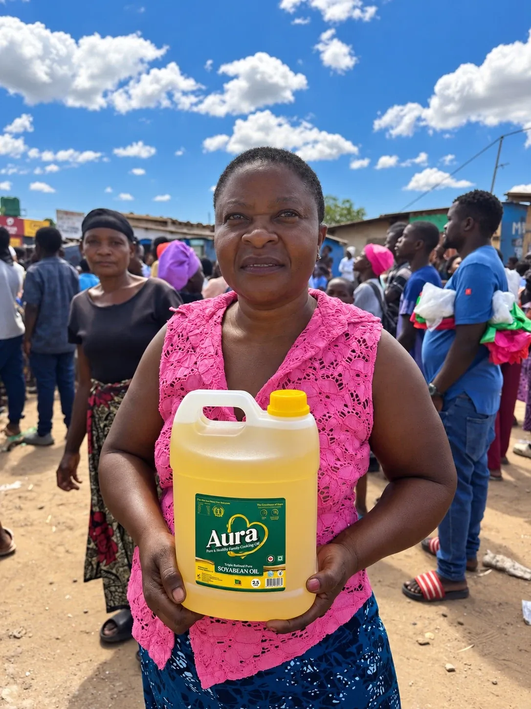Customer holding a 2.5-litre bottle of Aura soyabean oil at the roadshow